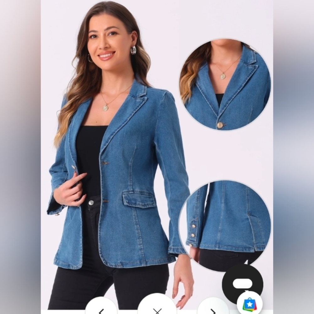 Allegra K Medium Blue Denim Blazer with Notch Lapel